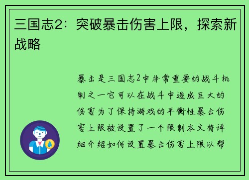 三国志2：突破暴击伤害上限，探索新战略