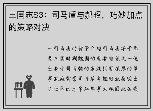 三国志S3：司马盾与郝昭，巧妙加点的策略对决